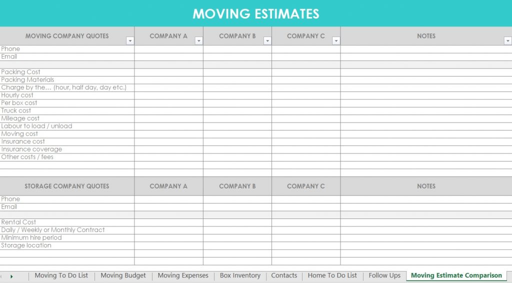 moving estimates comparison printable excel spreadsheets or use in google sheets packing cost inclusions exclusions comparison quotes