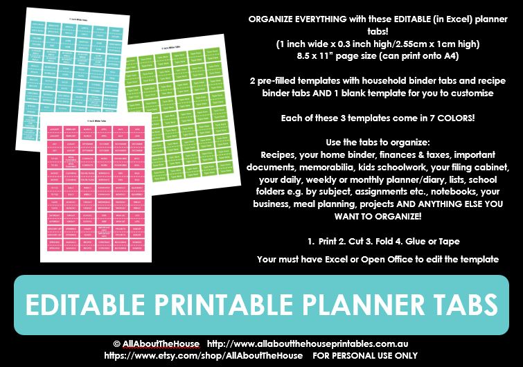 editable printable planner tabs diy planner accessories pink purple green light blue dark blue black grey rainbow recipe file tab labels school notebook