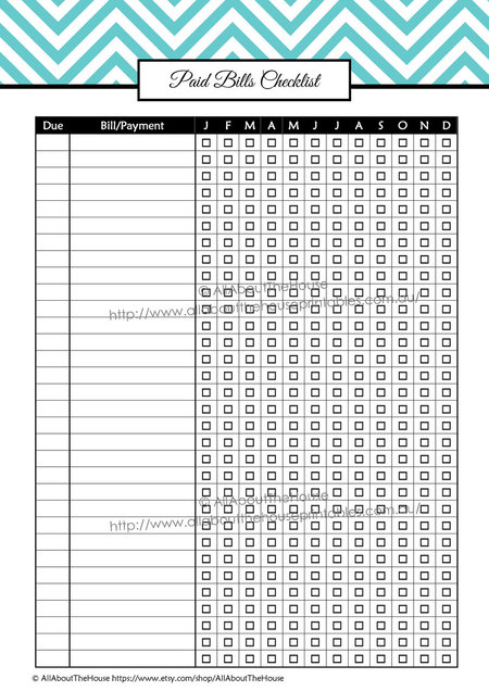free printable paid bills checklist chevron budget binder finance money management tracker letter size can print at a4 and/or half page size, planner accessory