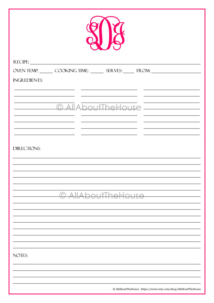 Monogram Recipe Sheet - printable recipe binder organization preppy pink Style 2 - 36