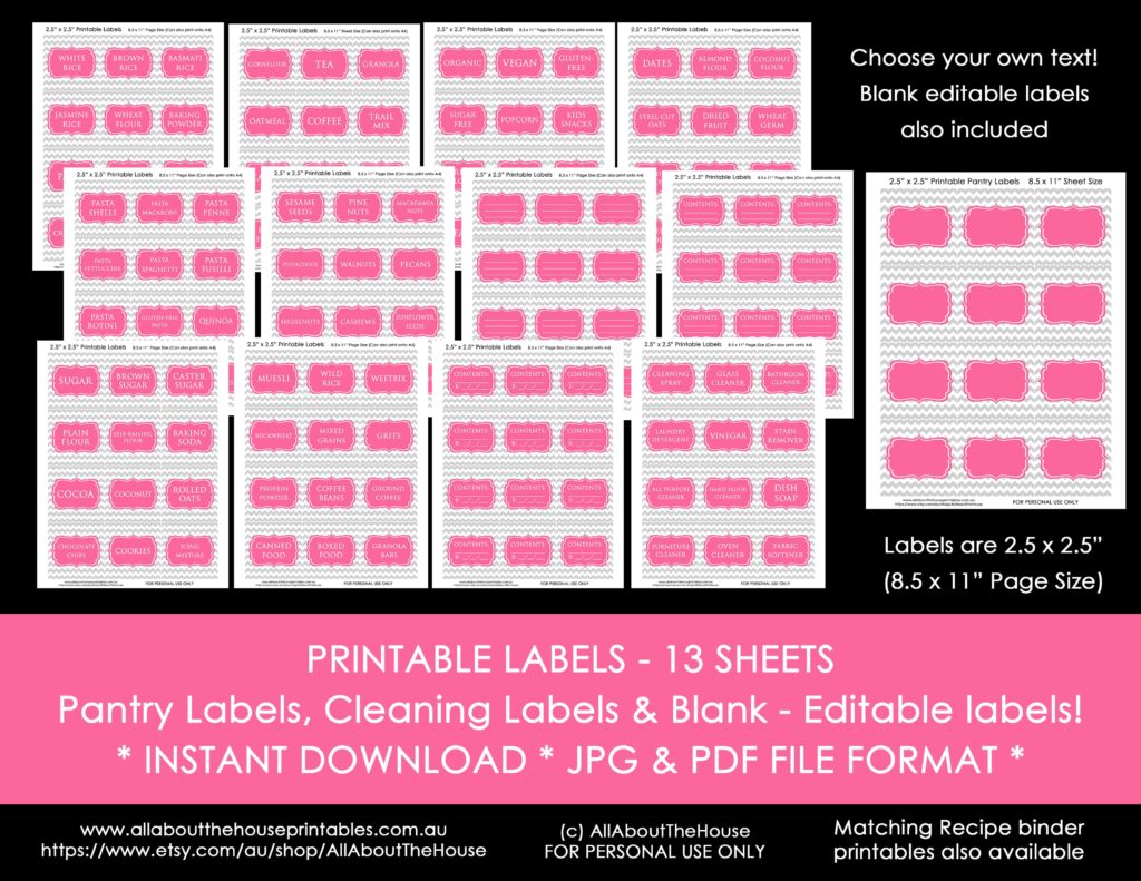 editable printable labels grey chevron pink customisable cleaning school storage bins jpg pdf home organization toy expiry date food kitchen baking diy stickers-min