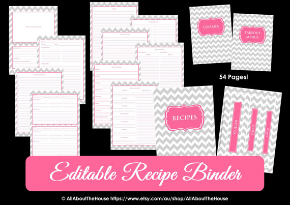 grey chevron pink recipe binder printable recipe book kitchen organization editable instant download pdf baking cooking wedding gift