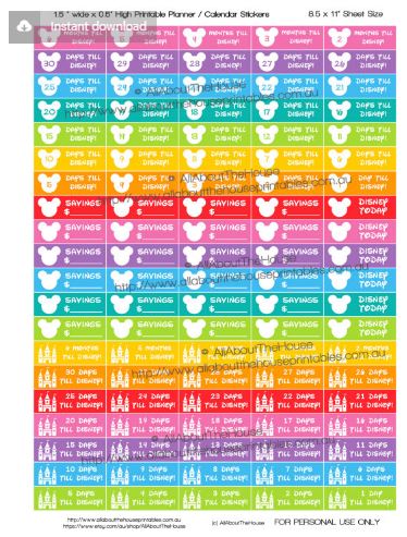 disney stickers, countdown to disney vacation planner stickers, printable planner stickers, rainbow, all about the house