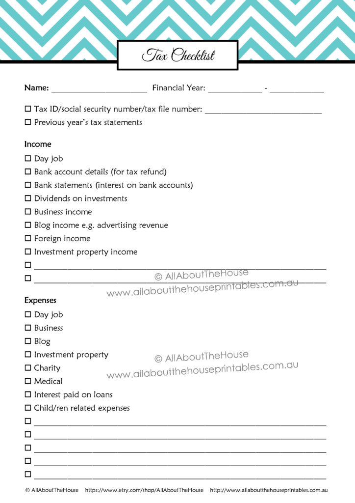 filing taxes checklist printable planner chevron organize binder business work tax deductions editable pdf