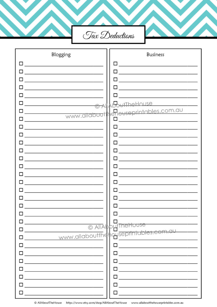 tax deductions checklist, business, blogging, direct sales, work expenses, organize, how to organize taxes, printable, template
