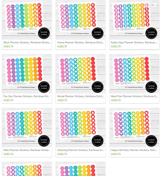 printed planner stickers now available, allaboutthehouse, carefully crafted, rainbow, icon stickers, work, payday, planner accessory, decor