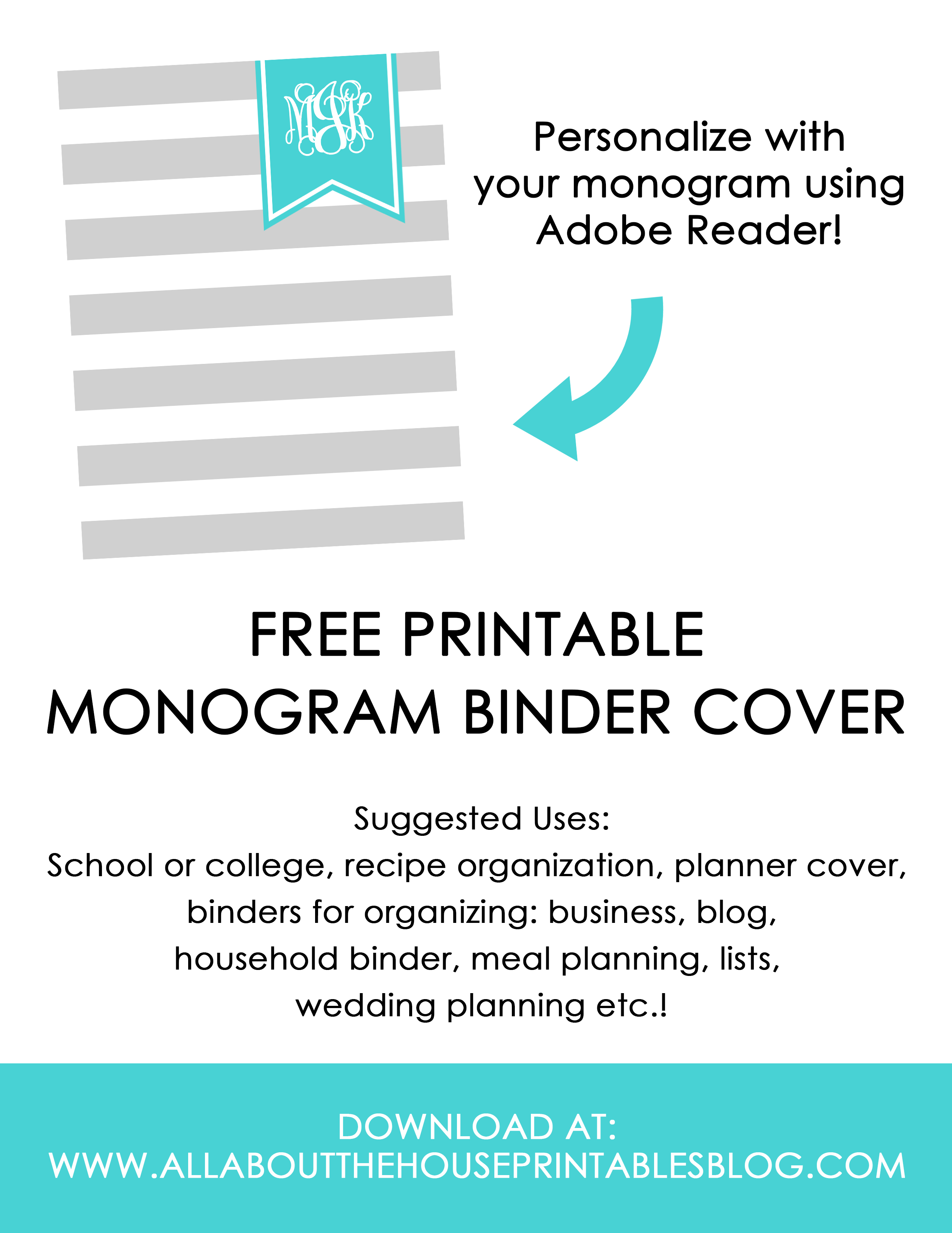 free printable binder cover notebook monogram editable pdf custom personalised stripe preppy grey blue printable planner cover household binder school college organization