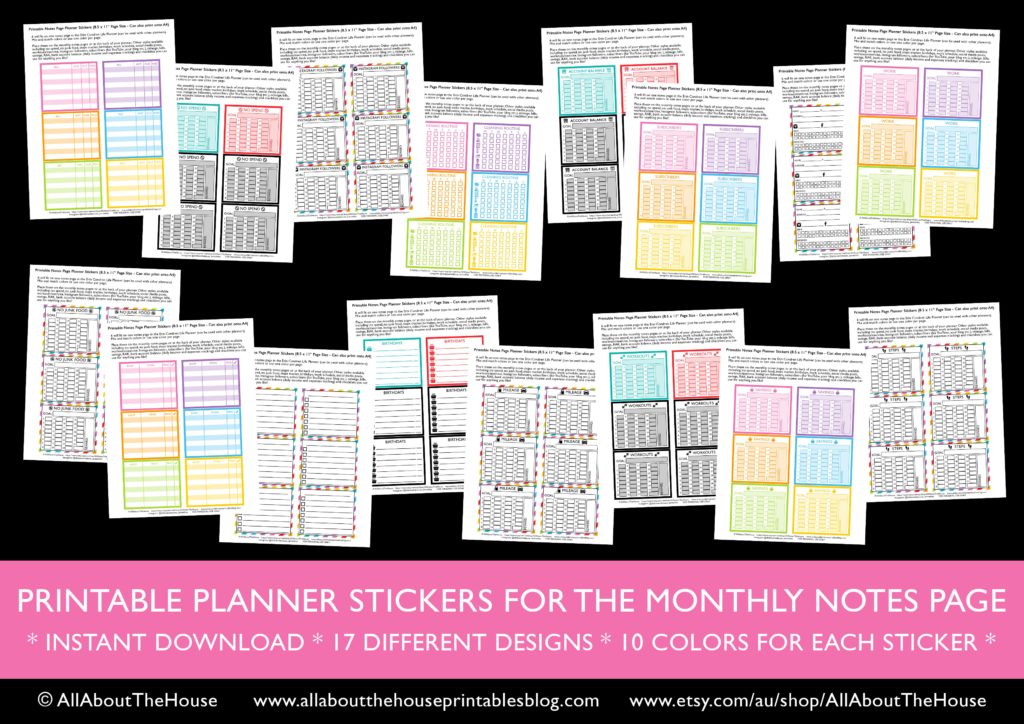 printable notes page planner stickers kit bundle haul social media checklist mail no spend savings cleaning routine