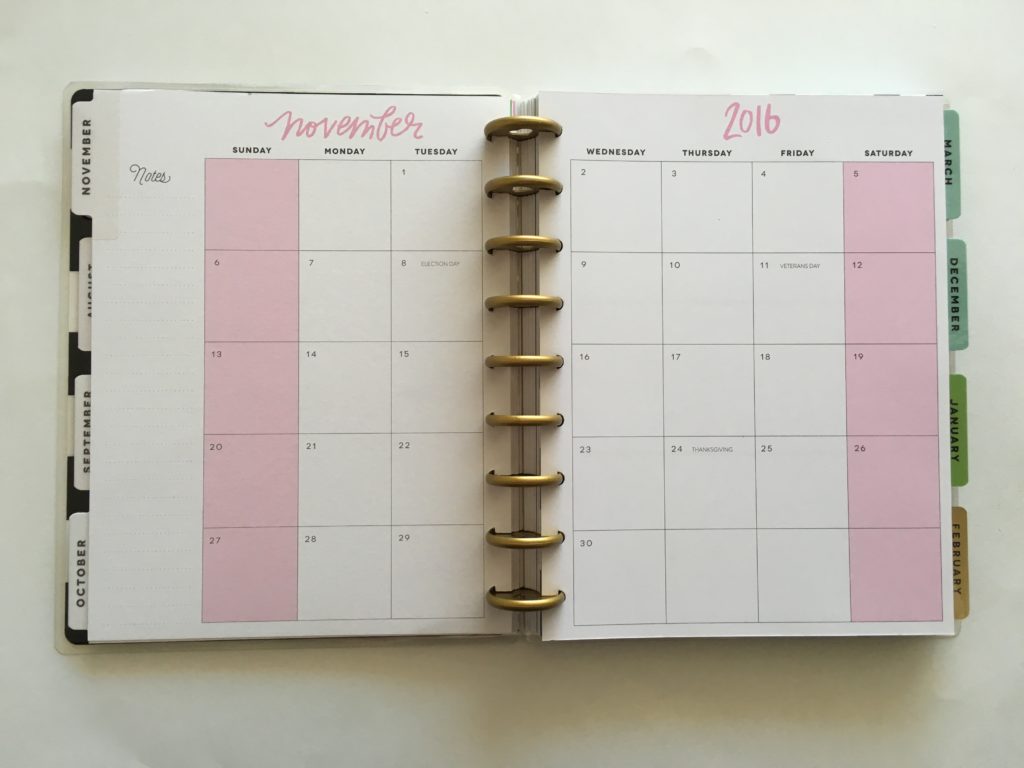 2 page monthly spread, sunday start, week start monday calendar, blogger, college student, high school, mambi, happy planner review