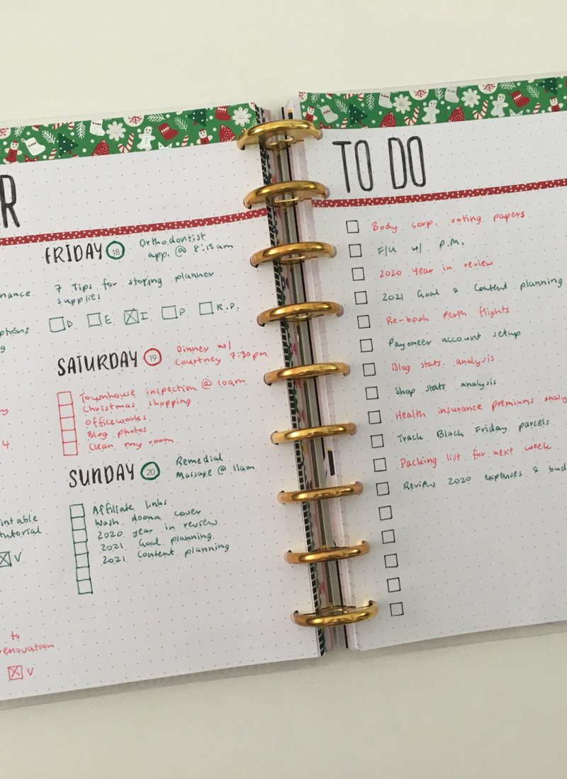 bullet journal simple weekly spread for christmas red and green theme days of the week stencils minimalist quick easy diy discbound planner maggie holmes paper