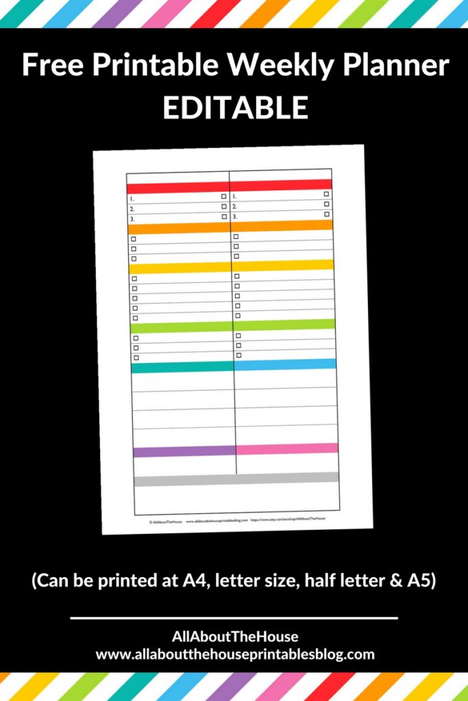 free printable weekly planner rainbow color coded organization editable blog business 1 page checklist goals task insert