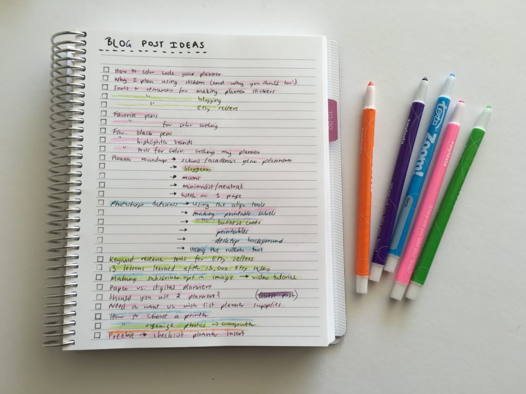 Organized blog post ideas system methods color coding using zooms cheaper than highlighters brain dumping how to use empty pages of a notebook