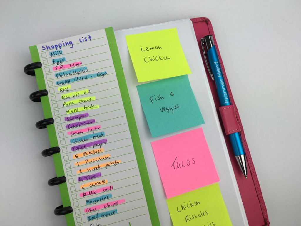 color coded grocery list highlighters sticky notes simple planner ideas hack efficient inspiration ideas tips bullet journal spread bujo addict planning