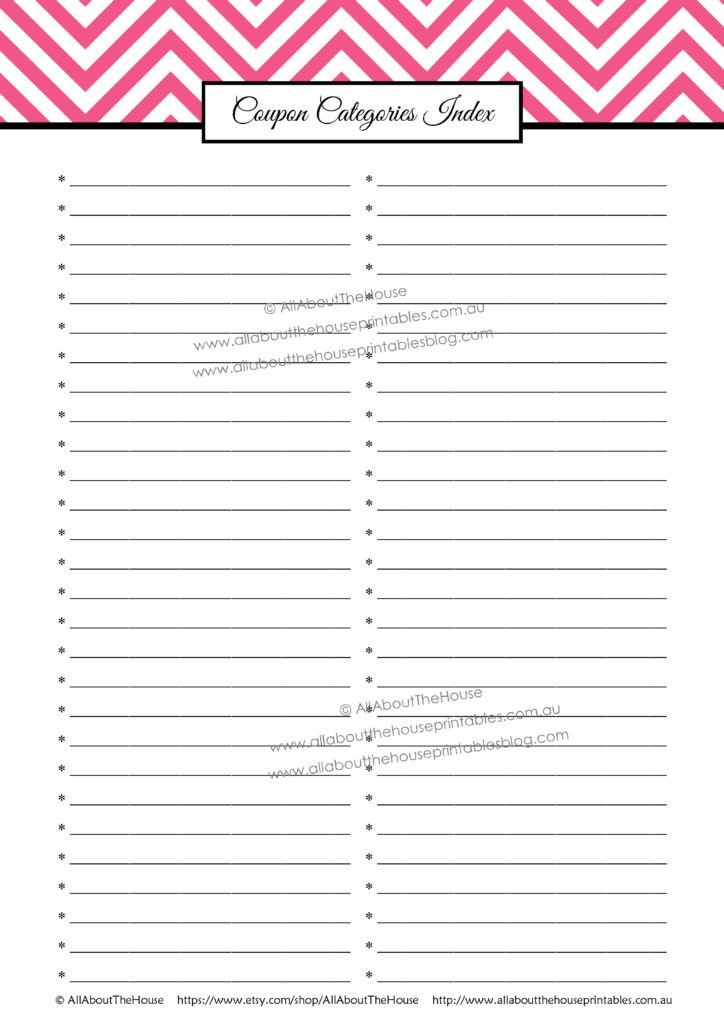 Coupon Categories Index binder printable free pdf editable divider organizing grocery shopping