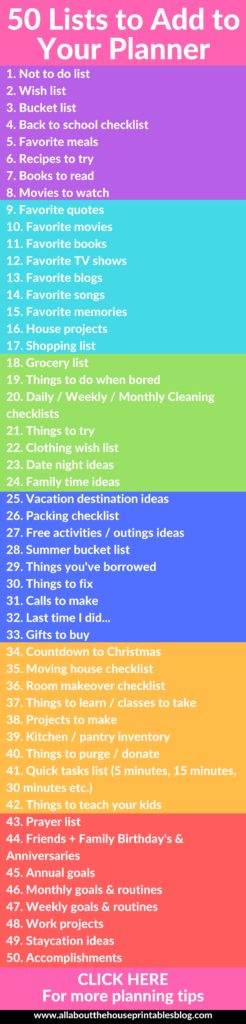 50 lists to add to your planner organization ideas setting up a new planner free printable checklist to do list cleaning insert