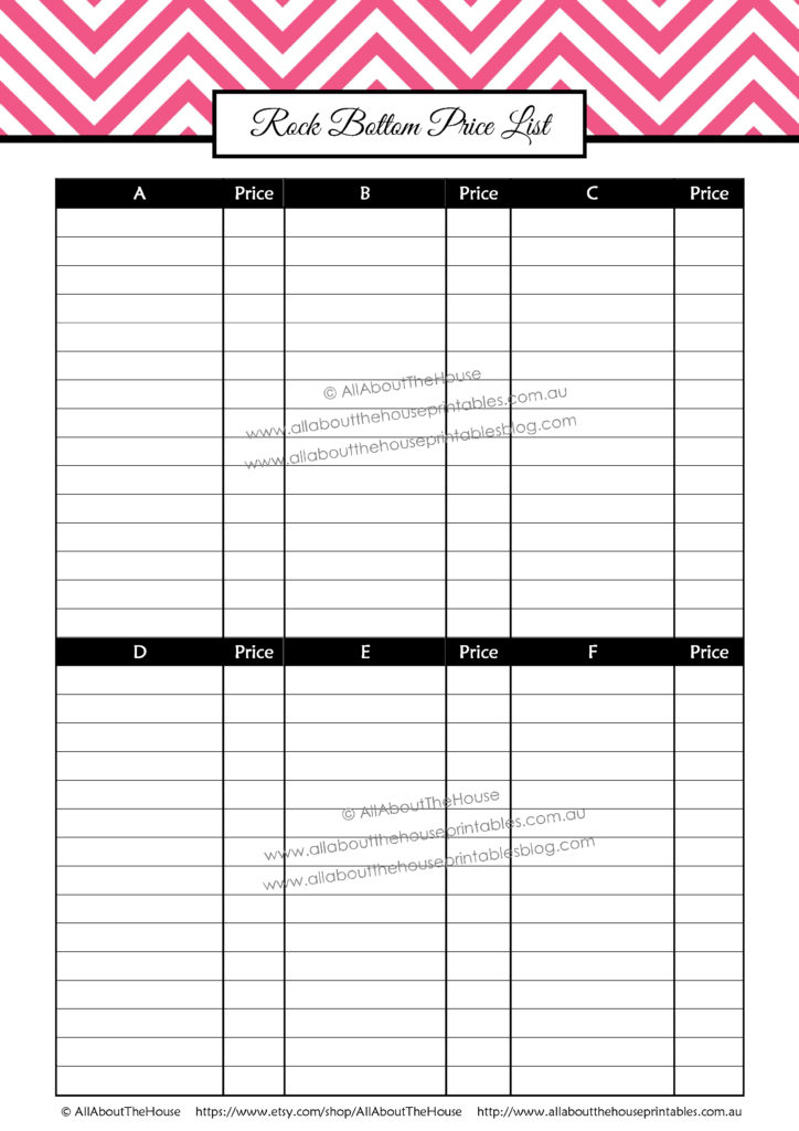 Rock Bottom Price List - Alphabetical couponing printable binder organizing system editable pdf download organizer save money diy