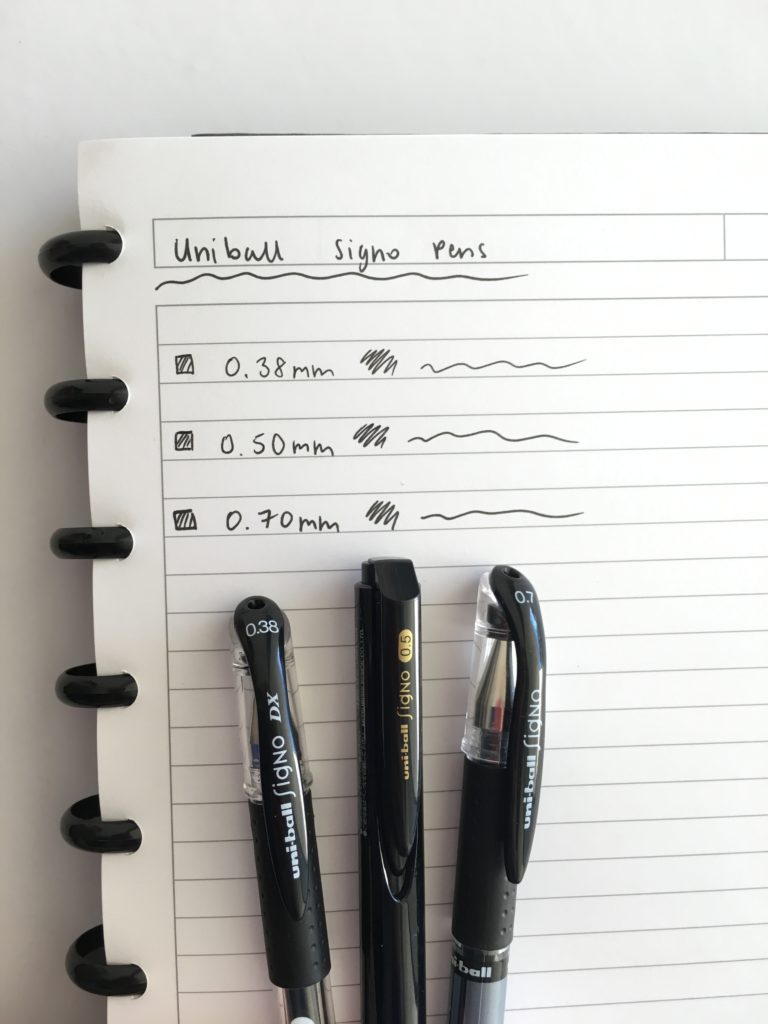 uniball signo review pen tip size comparison mitsubishi favorite pens for planning no bleed smudge write on glossy label paper tips color coding fine tip