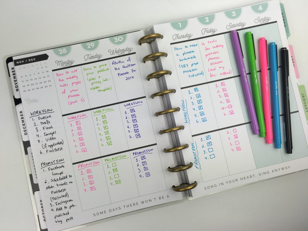 mambi happy planner weekly spread color coding pens blogging workflow organizer me and my big ideas vertical layout setup editorial content pen and paper