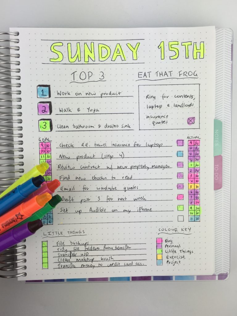 bullet journal daily spread ideas banner title color coding highlighters minimalist half hourly schedule tips inspiration diy day to a page layout crayons