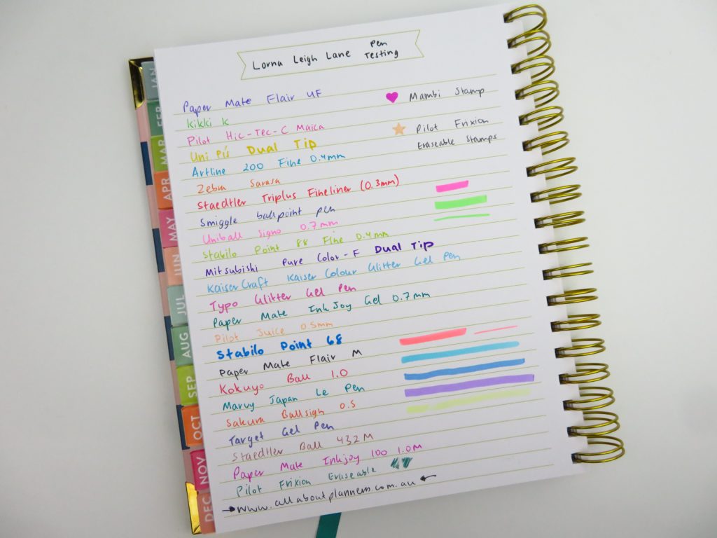 lorna leigh lane weekly planner pen testing gel ballpoint highlighters stamps color coding inkjoy needle tip no bleed ghosting-min
