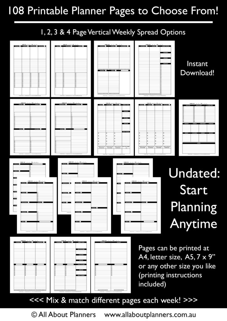 printable planner vertical horizontal weekly spread sunday monday template diy personalised custom hourly-min