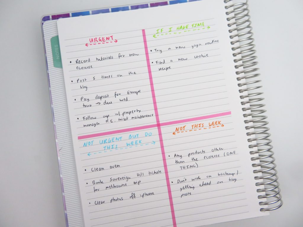 using the priority quadrant for weekly planning eisenhower matric diy bullet journal priority keep track of lists bujo inspiration ideas tips plum paper notebook color coding-min