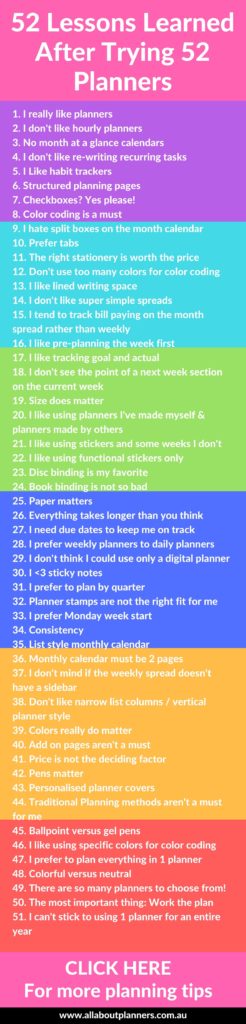 52 planners in 52 weeks challenge planning tips inspiration hacks weekly spread ideas color coding choose a planner diy reviews-min
