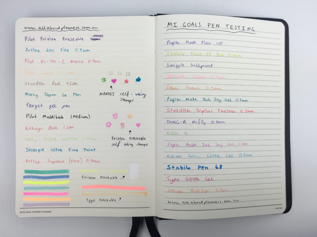mi goals 2018 weekly planner pen testing gel pen needle tip ballpoint highlighters stamp pen swatches honest pros and cons video review