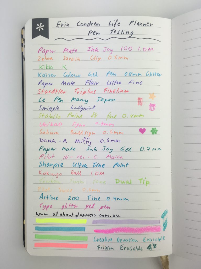 erin condren hardbound life planner review pen testing swatches bleed through ghosting papermate needle tip gel ballpoint highlighters