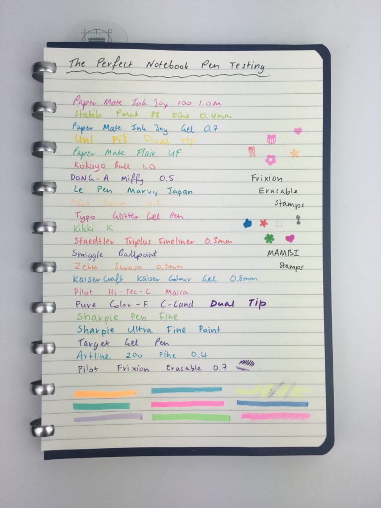 the perfect planner notebook review pen testing swatches ghosting bleed through ballpoint needle tip highlighters stamps pros and cons