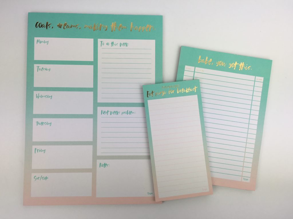 typo notepad weekly planning meal planning list making habit tracking project planner review ideas organization gold foil