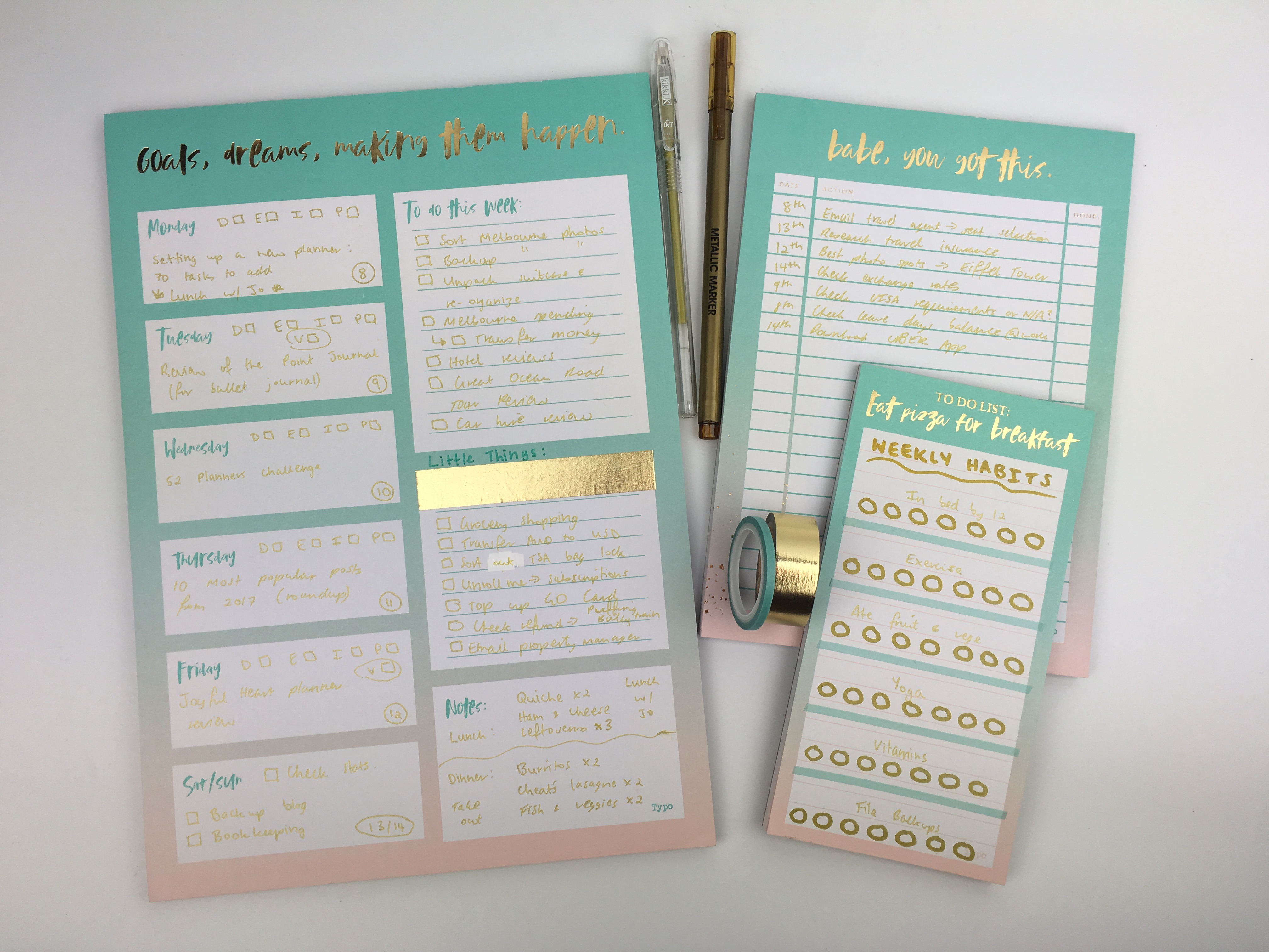weekly planning idesa gold foil decorating minimalist washi tape pen typo notepad mint cute planning supplies insert habit tracking ideas bullet journal gold pens