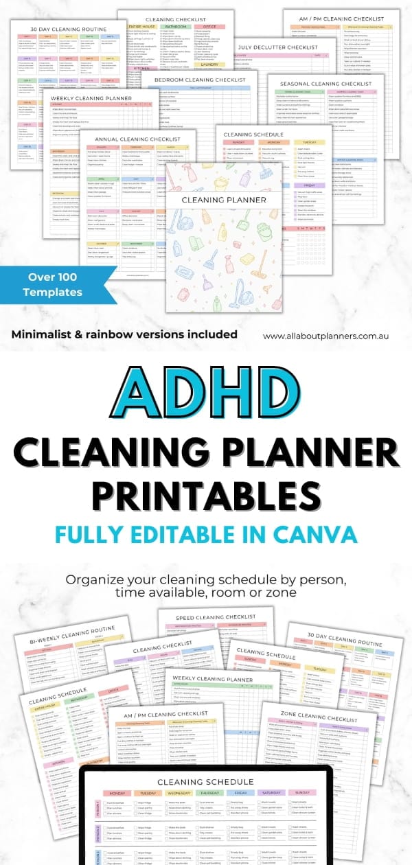 adhd cleaning planner printables editable canva templates for stay at home mum cleaning business family chore chart color coded by room zone pre filled tasks