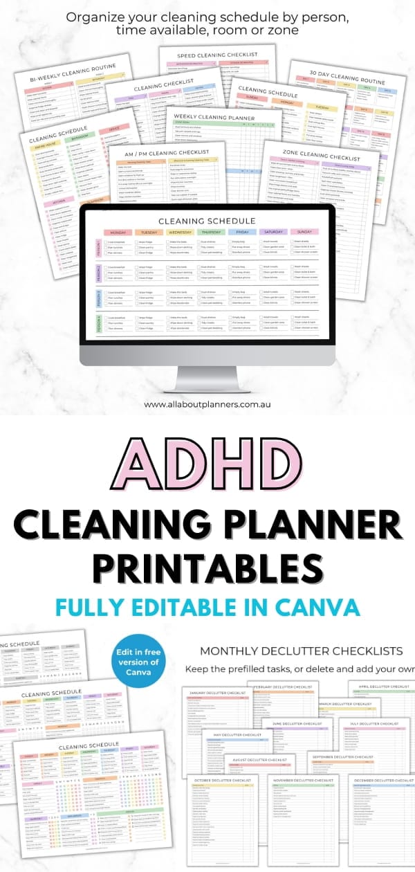 cleaning planner for adhd canva templates fully editable prefilled rainbow color coded family chore chart zones by time speed cleaning checklist by room declutter monthly cleaning calendar