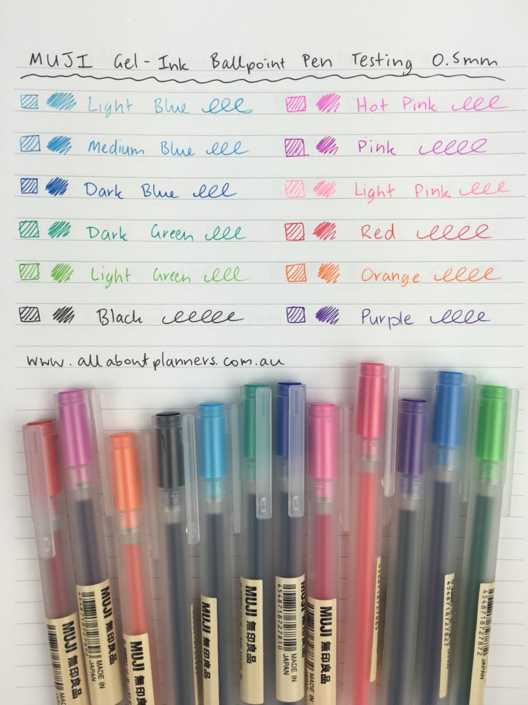 muji pen review swatch test no bleed ghosting bright rainbow fine tip 0.5mm gel ink colorful planning supplies haul europe london