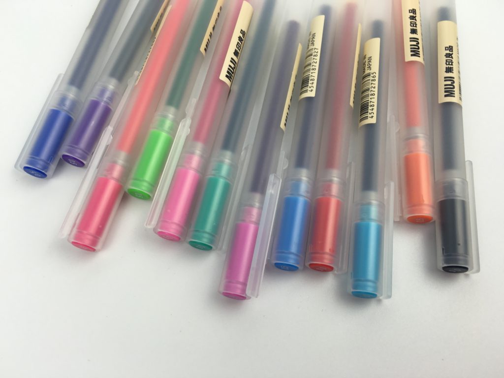 muji pen review swatch test no bleed ghosting bright rainbow fine tip 0.5mm gel ink colorful planning supplies haul europe london light and dark colors
