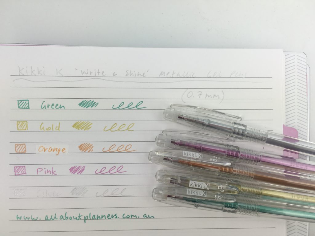 kikki k metallic gel pens review swatches planner testing glitter fine tip australia