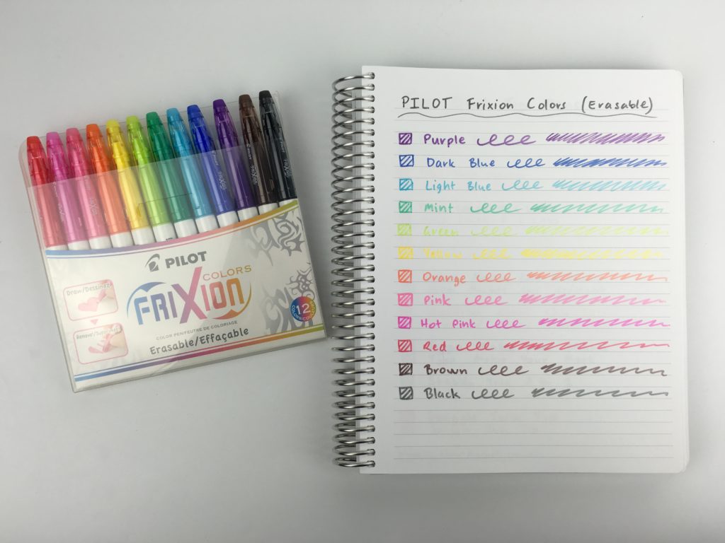 pilot frixion erasable markers rainbow thick headings rub out bullet journal supplies planning tips ideas inspiration test swatch bleed through ghosting