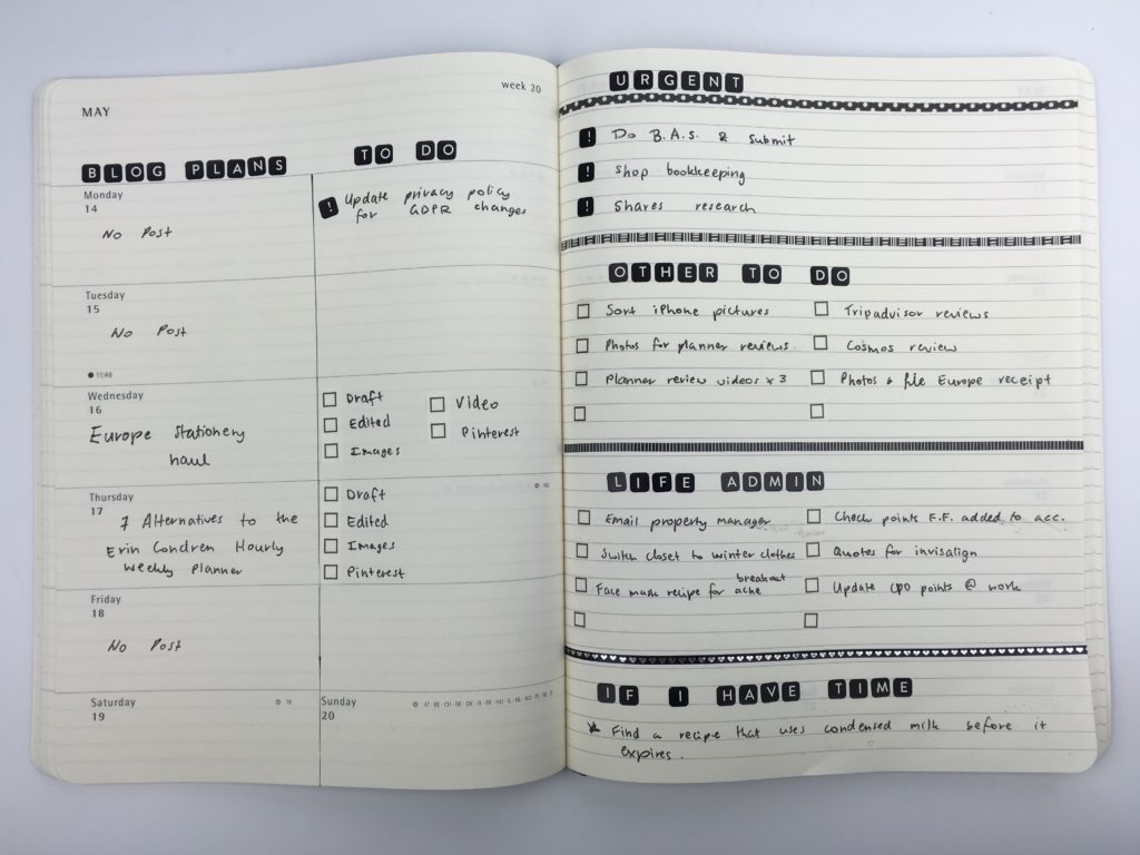 moleskine weekly planner spread minimalist black and white stickers washi tape checklist horizontal lined notes simple bullet journal alternative