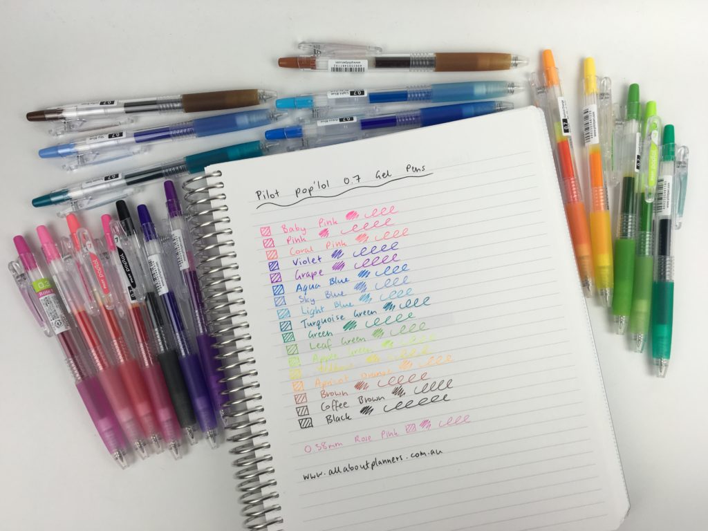 pilot poplol pen gel ink retractable rainbow 0.7mm fine tip review color coding planning supplies planner swatch pen test