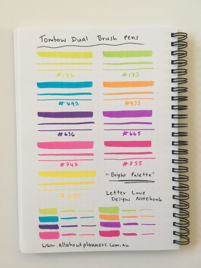 tombow dual brush pens review bleed through ghosting testing swatches rainbow color coding letter love designs notebook
