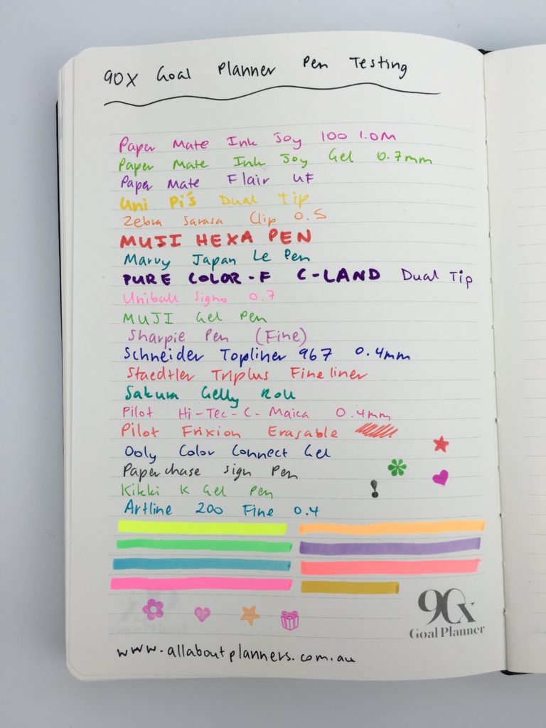 90x goal planner daily review pros and cons video pen testing bleed through ghosting favorite pens gel fine tip marker highlighter stamps