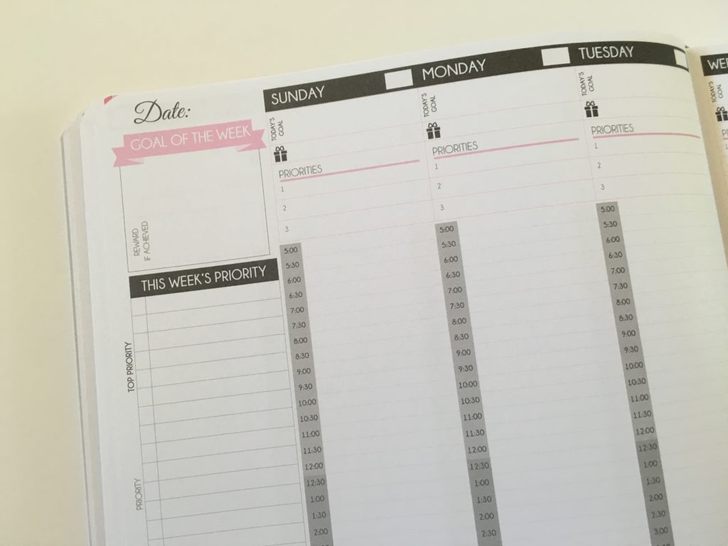 law of attraction weekly planner hourly goal setting undated 5am to 10pm half hour schedule habit tracker checklist sunday start 2 page vertical similar passion planner