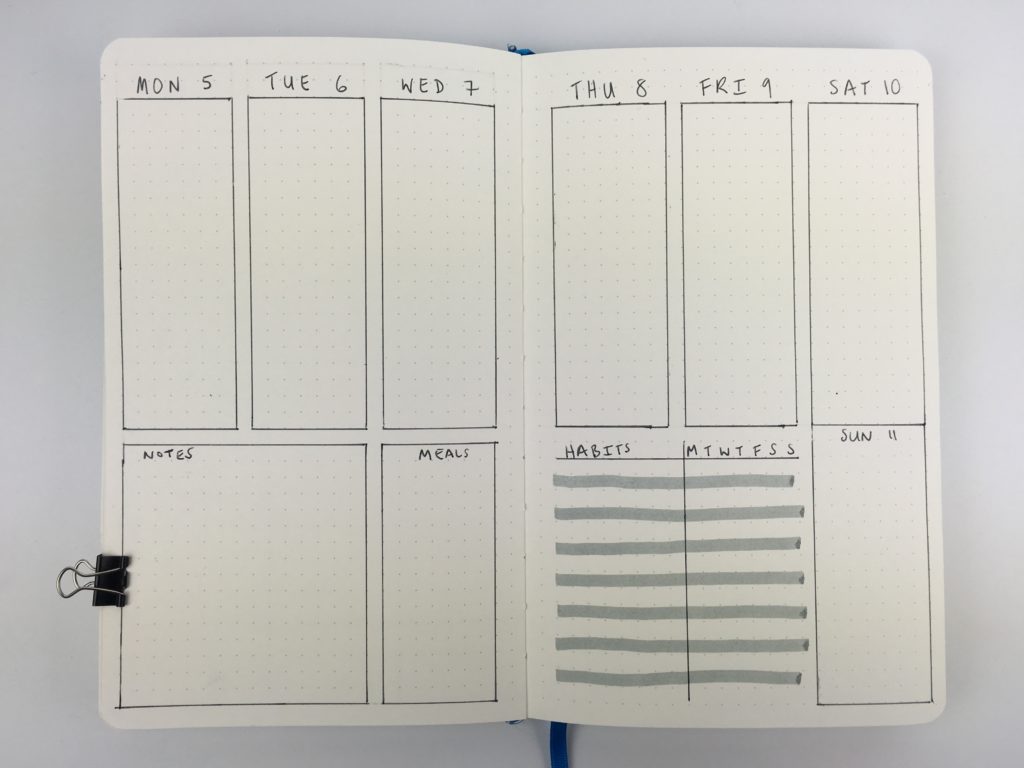 bullet journal weekly planner spread monday start habit tracker minimalist zebra mildliner grey weekly menu vertical 2 page simple