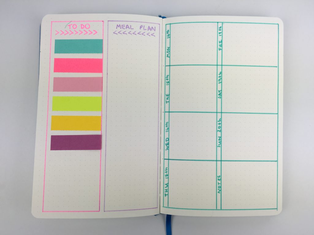 bullet journal weekly spread colorful sticky notes highlighters meal plan to do list 1 page vertical simple minimalist inspiration inspo diy