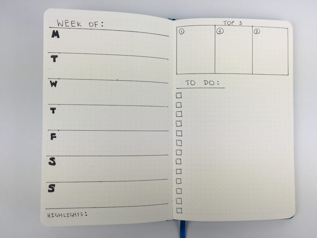 bullet journal weekly spread horizontal layout checklist top 3 minimalist simple inspiration ideas diy quick easy monday start