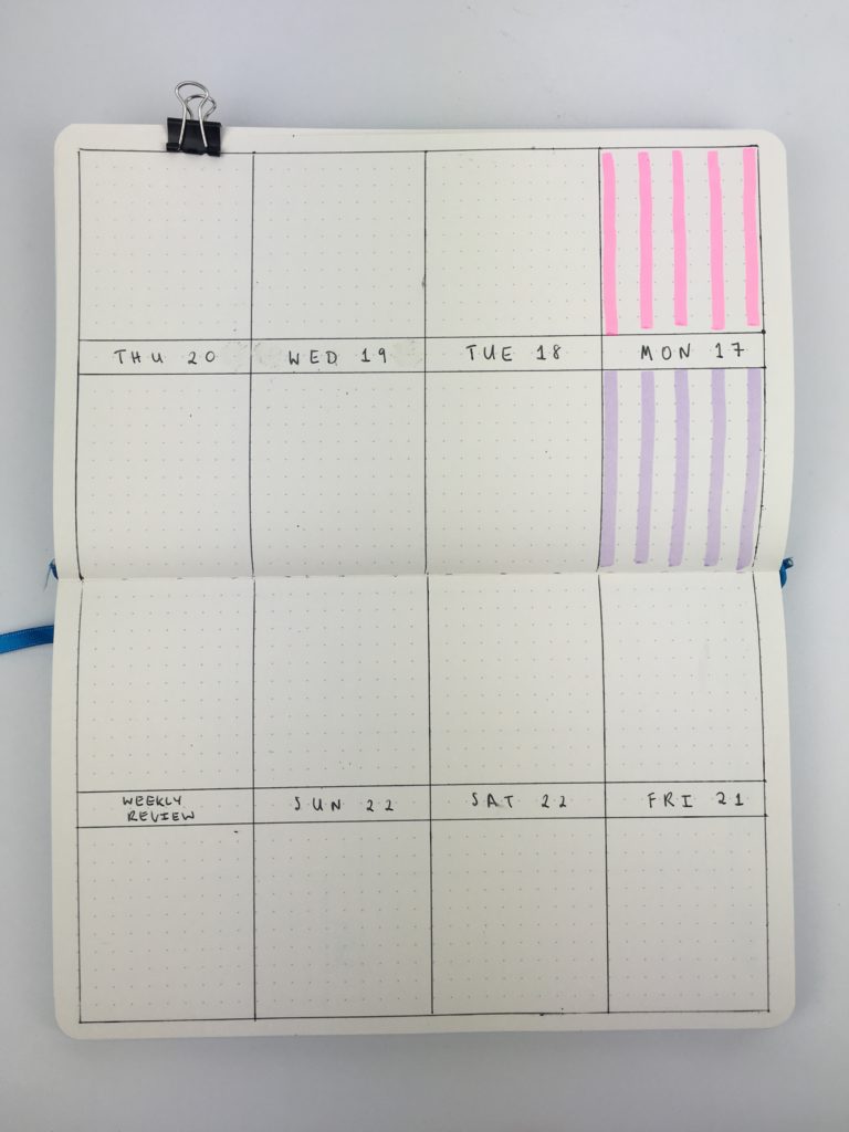 bullet journal weekly spread landscape monday start personal work 2 sections for each day quick easy simple