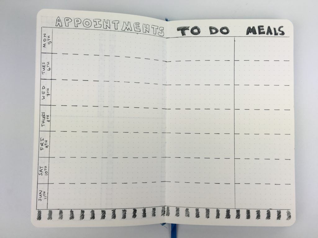 bullet journal weekly spread simple decorating ideas using only pen minimalist appointments to do meals monday start dot grid