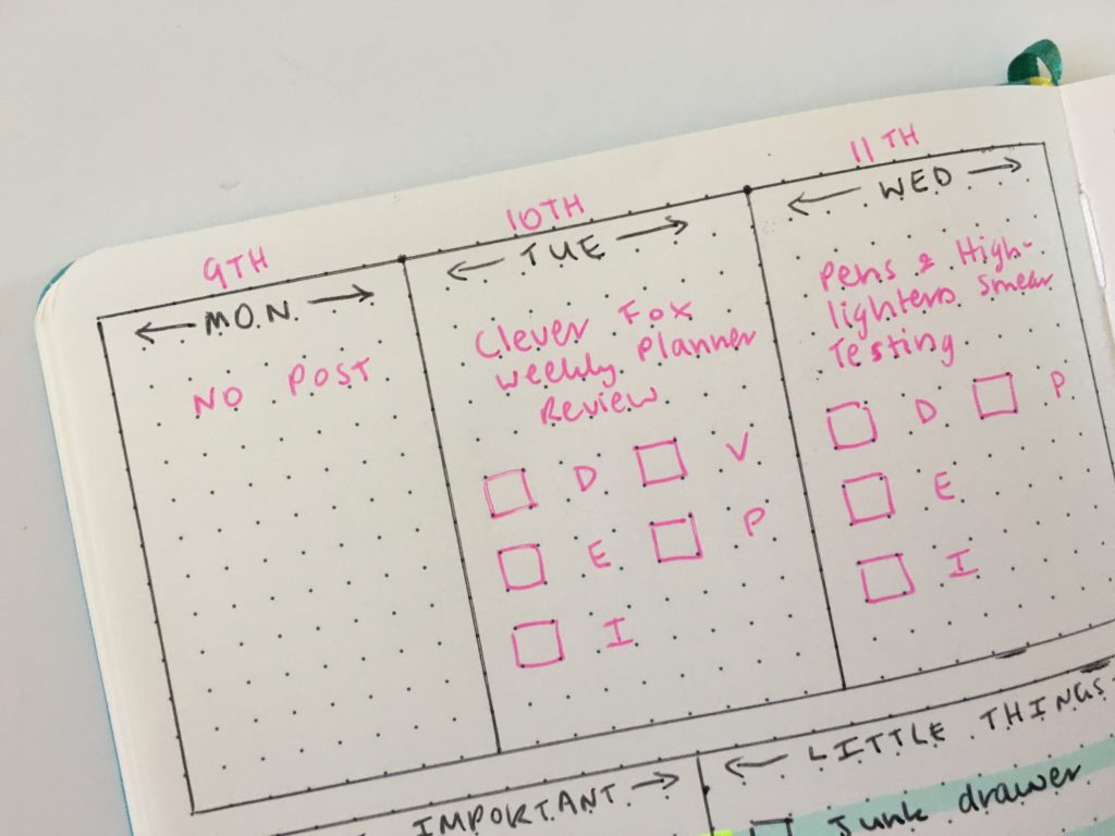 blog post planning in a bullet journal bujo minimalist weekly spread colorful highlighters favorite supplies scribbles that matter