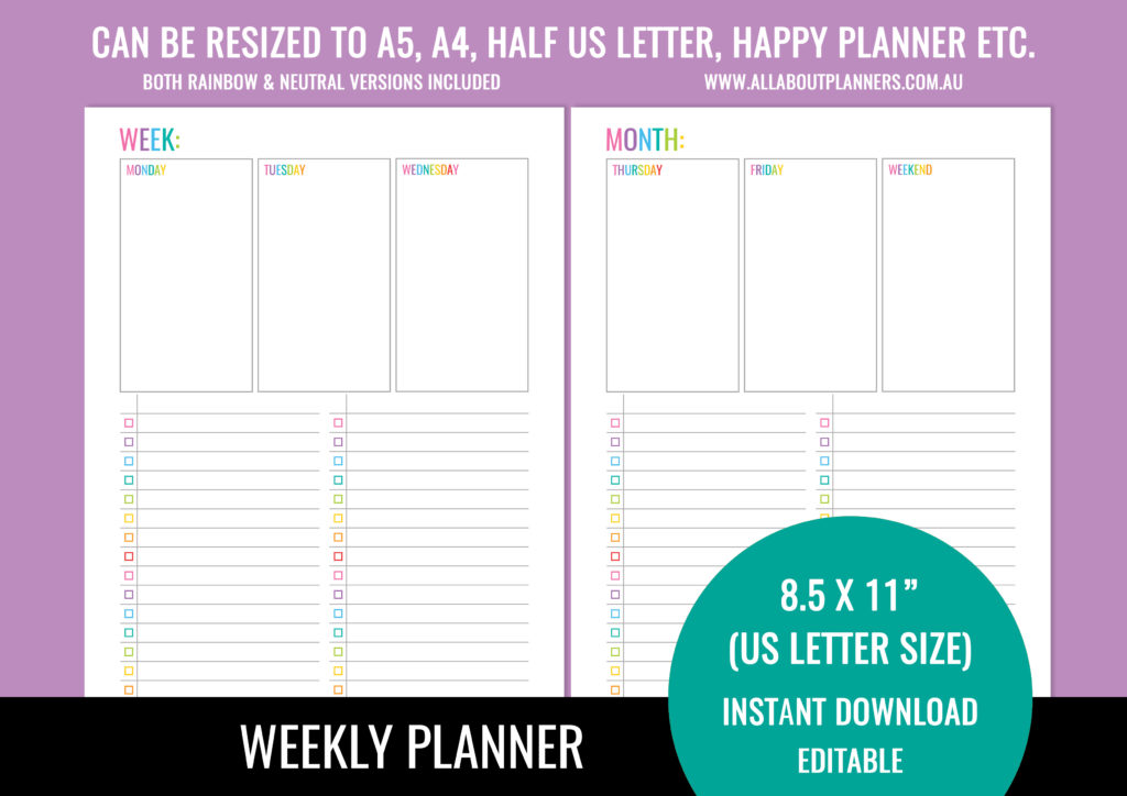 printable weekly planner editable monday start rainbow checklist unlined letter size can resize